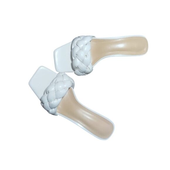 Women's White Braided Mid Heel Sandals with Open Square Toe, Size 37. - Picture 3 of 8